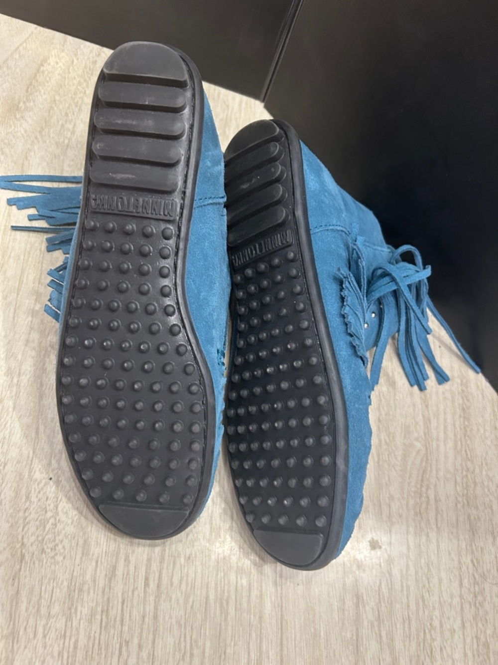 Minnetonka Teal Blue Suede Fringe Moccasin Boots - Picture 8 of 8